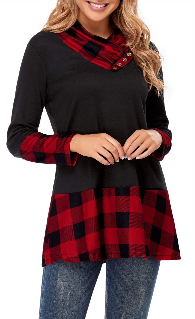 Miusey Women's Cowl Neck Plaid Patchwork Tunic - Petite A-line Elegant Blouse, Soft & Cozy, Red (S) - Image 2